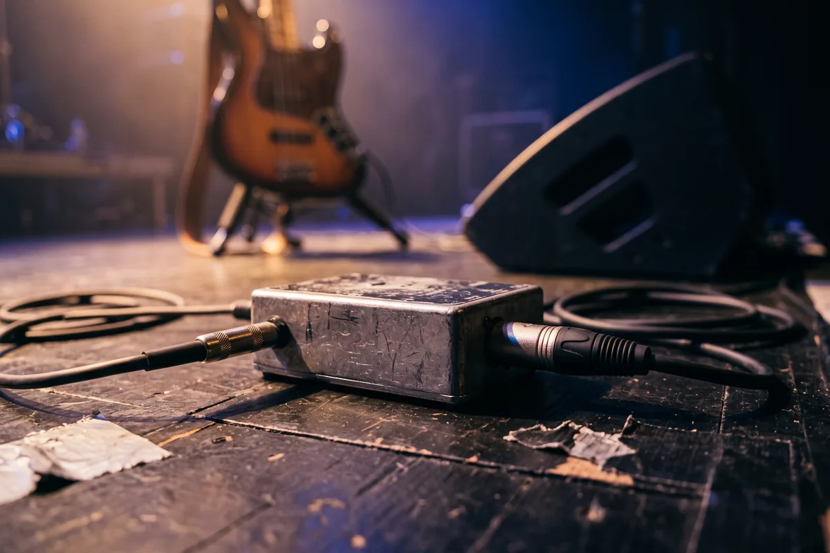 DI box on a stage floor with a bass guitar and a monitor wedge behind it