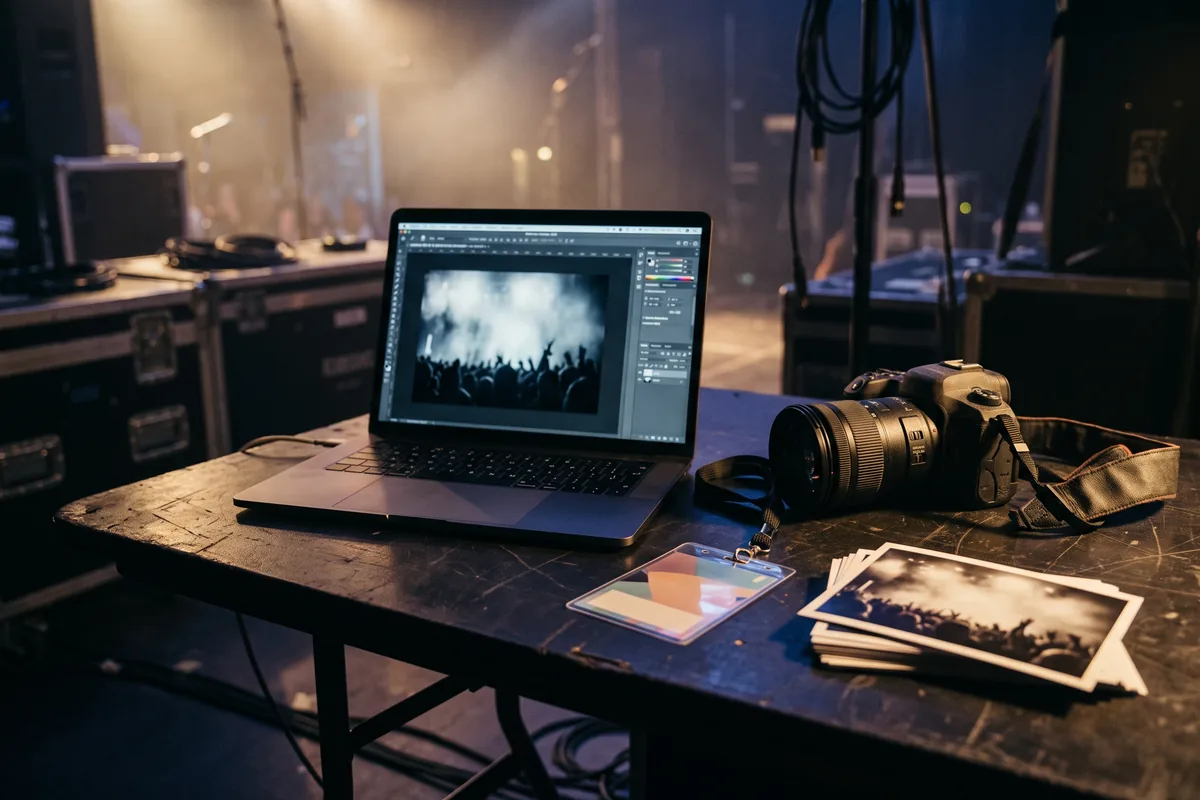 Laptop showing a concert photo next to a camera and a backstage pass on a table backstage