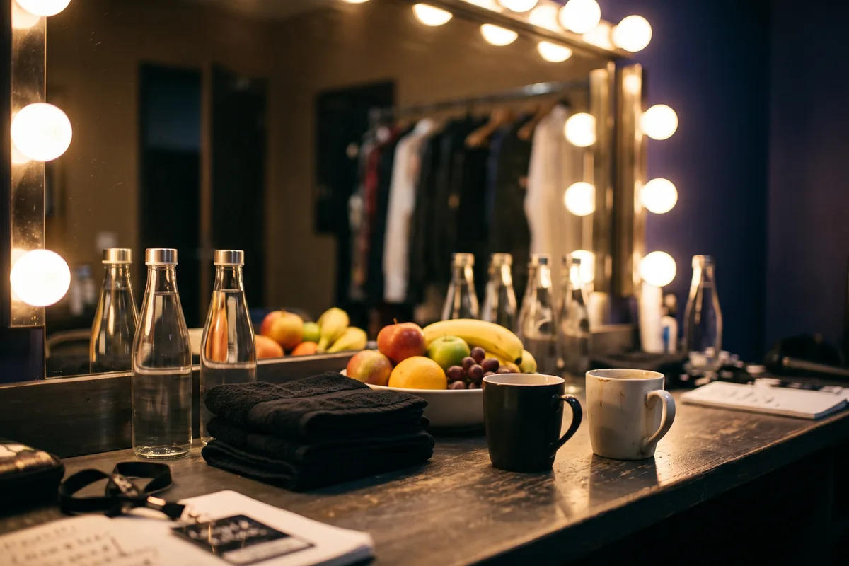 Dressing room table with water bottles, fruit, towels and coffee mugs