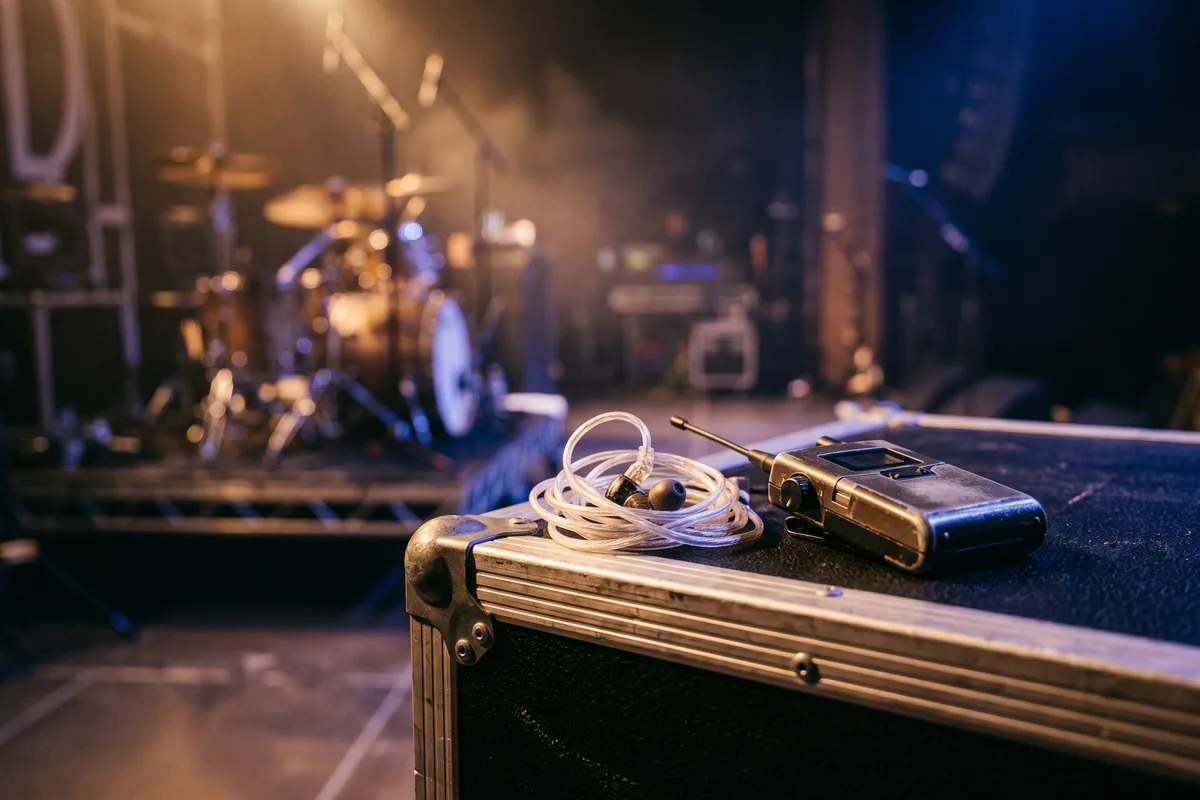 In-ear monitors and a wireless bodypack on a flight case at the side of the stage