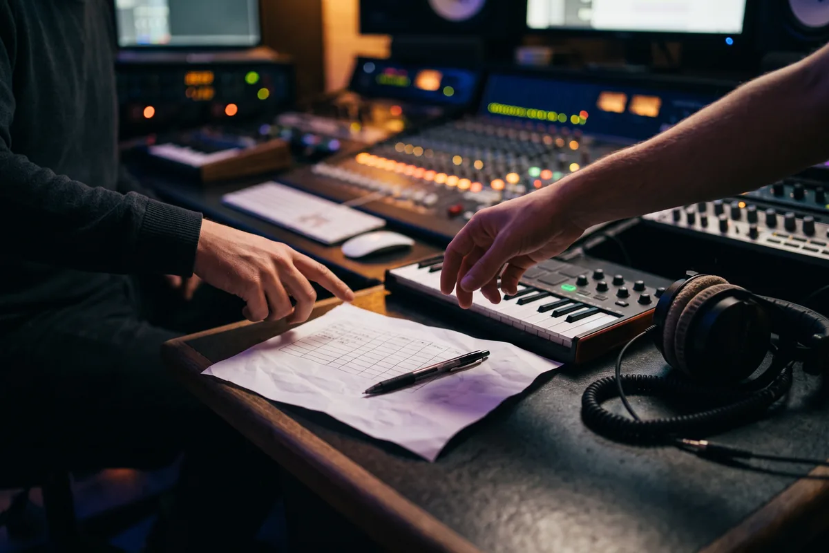 Two songwriters at a studio desk with a split sheet and a pen