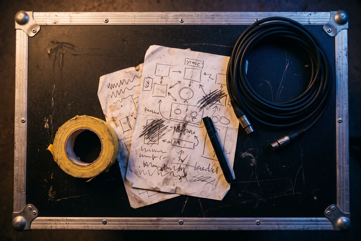 Tech rider with a stage plot on a flight case next to gaffer tape, a marker and an XLR cable