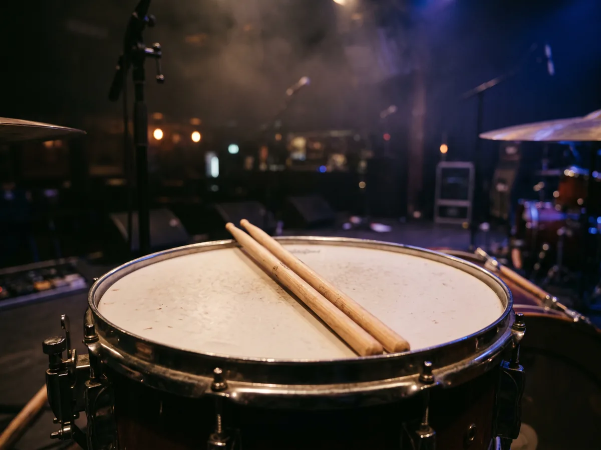 Snare drum with drumsticks on stage, the empty club behind it