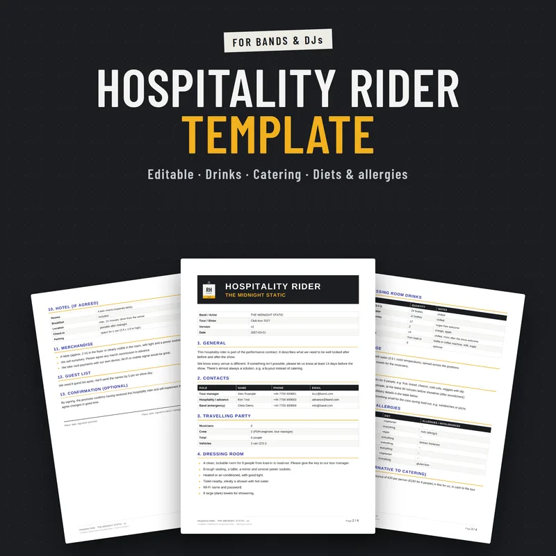 Hospitality rider template for bands and DJs by Riderhouse