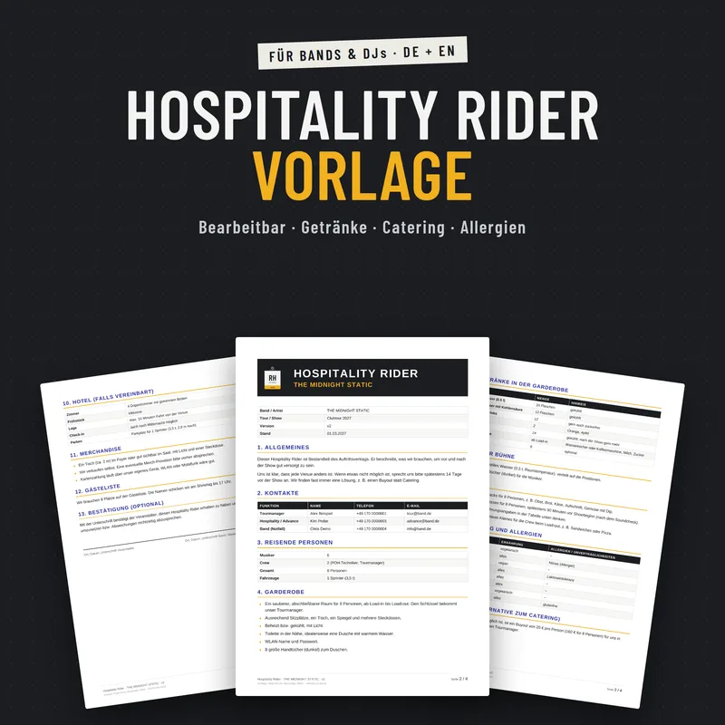 Hospitality Rider Vorlage für Bands und DJs von Riderhouse
