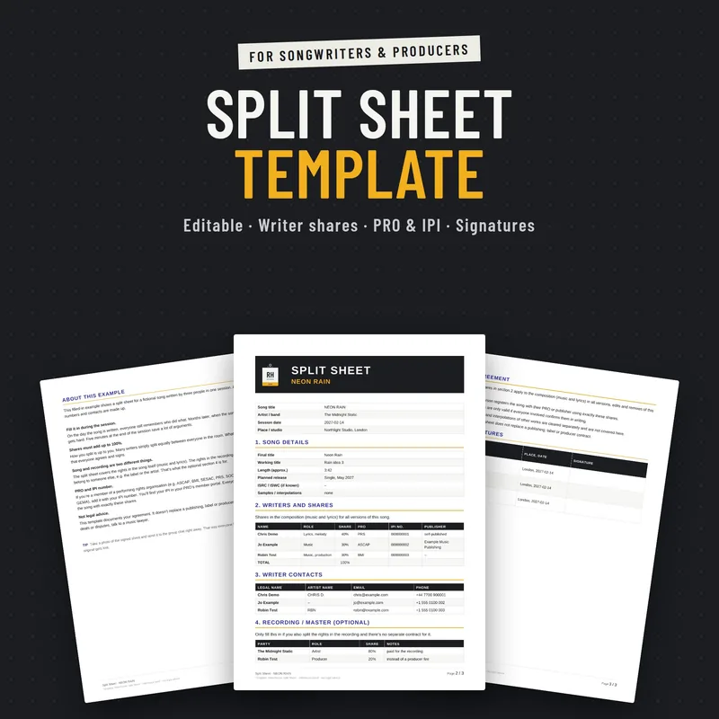 Split sheet template for songwriters and producers by Riderhouse