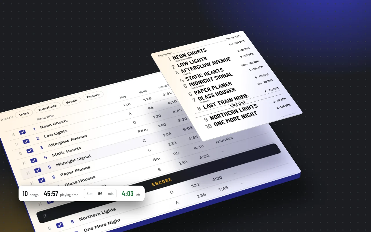 Setlist maker with song list, key, BPM and set length, with the large printed setlist above it