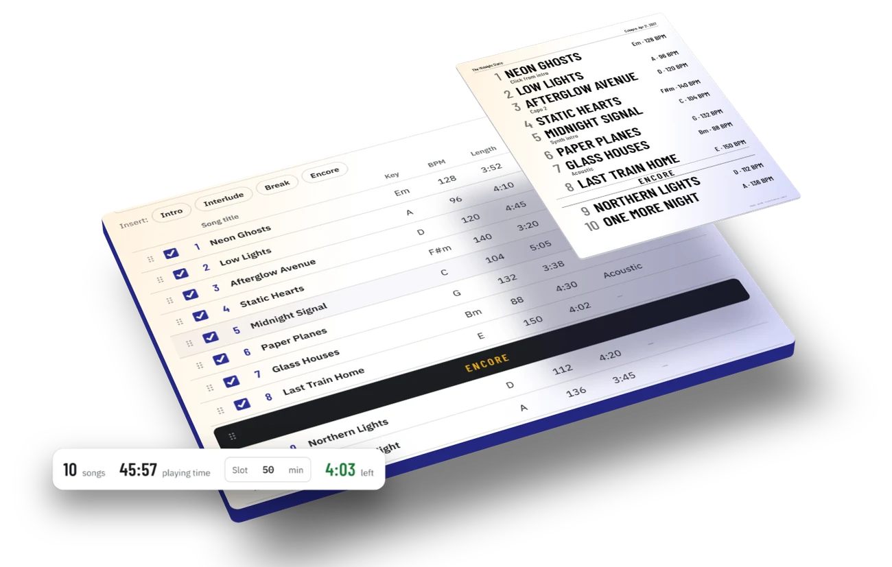 Setlist maker with song list, key, BPM and set length, with the large printed setlist above it